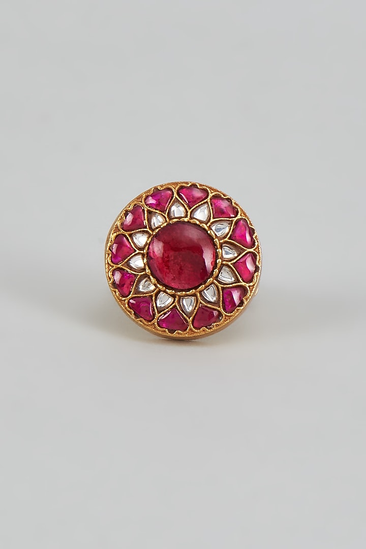 Gold Plated Red Kundan Polki Ring In Sterling Silver by KARISA DESIGNS at Pernia's Pop Up Shop