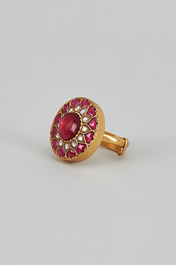 Gold Plated Red Kundan Polki Ring In Sterling Silver by KARISA DESIGNS at Pernia's Pop Up Shop