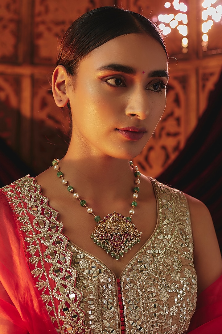 Gold Plated Red Kundan Polki & Pearl Long Pendant Necklace In Sterling Silver by KARISA DESIGNS at Pernia's Pop Up Shop