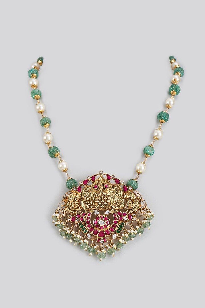 Gold Plated Red Kundan Polki & Pearl Long Pendant Necklace In Sterling Silver by KARISA DESIGNS at Pernia's Pop Up Shop