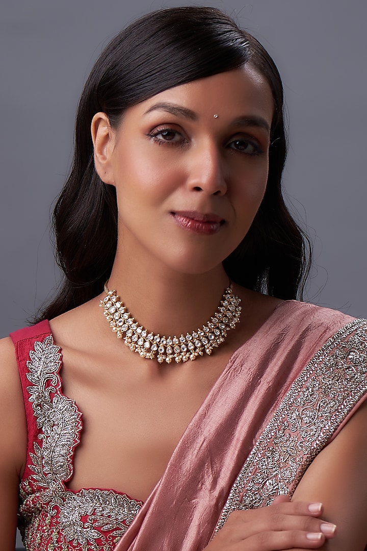 Gold Plated White Kundan Polki And Pearl Choker Necklace In Sterling