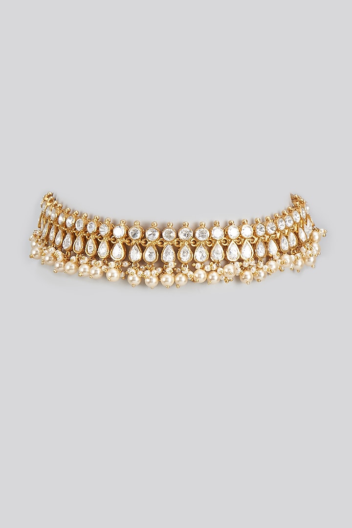 Gold Plated White Kundan Polki & Pearl Choker Necklace In Sterling Silver by KARISA DESIGNS at Pernia's Pop Up Shop