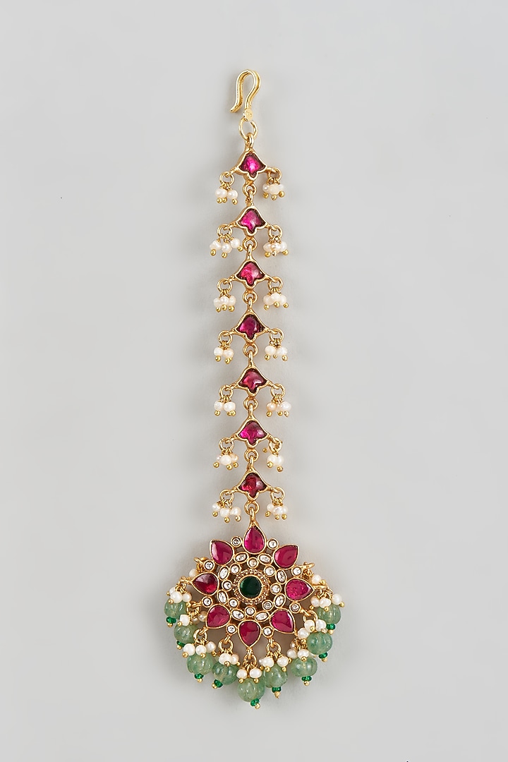 Gold Plated Red Kundan Polki Pearl Maang Tikka In Sterling