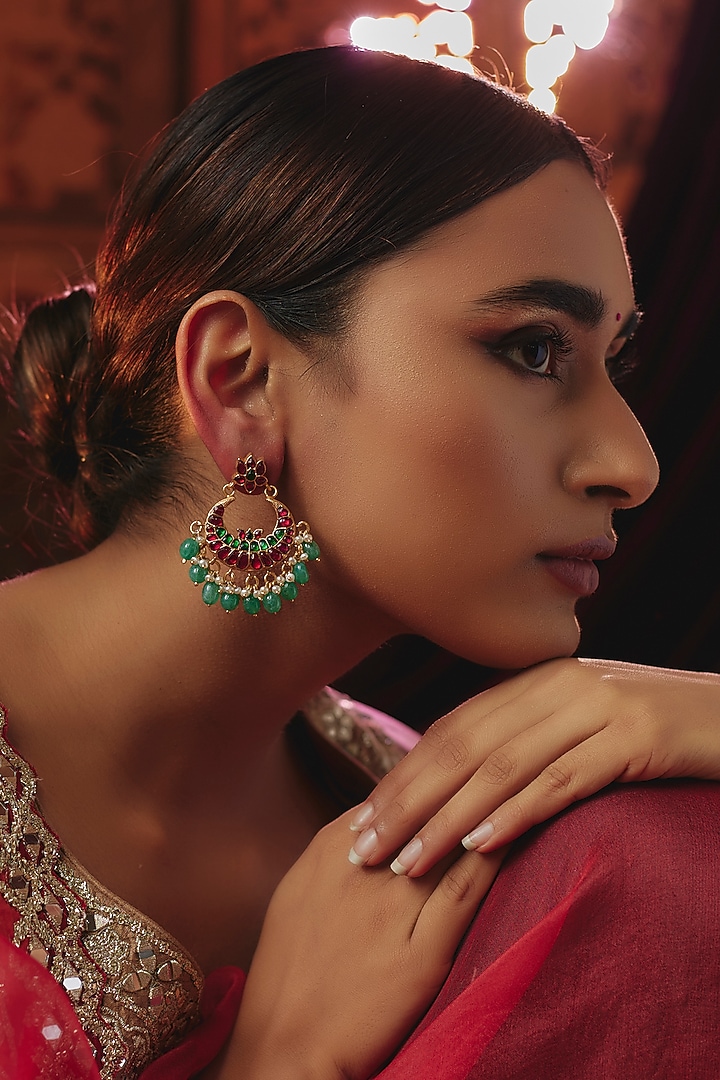 Gold Plated Red Kundan Polki & Pearl Chandbali Earrings In Sterling Silver by KARISA DESIGNS at Pernia's Pop Up Shop