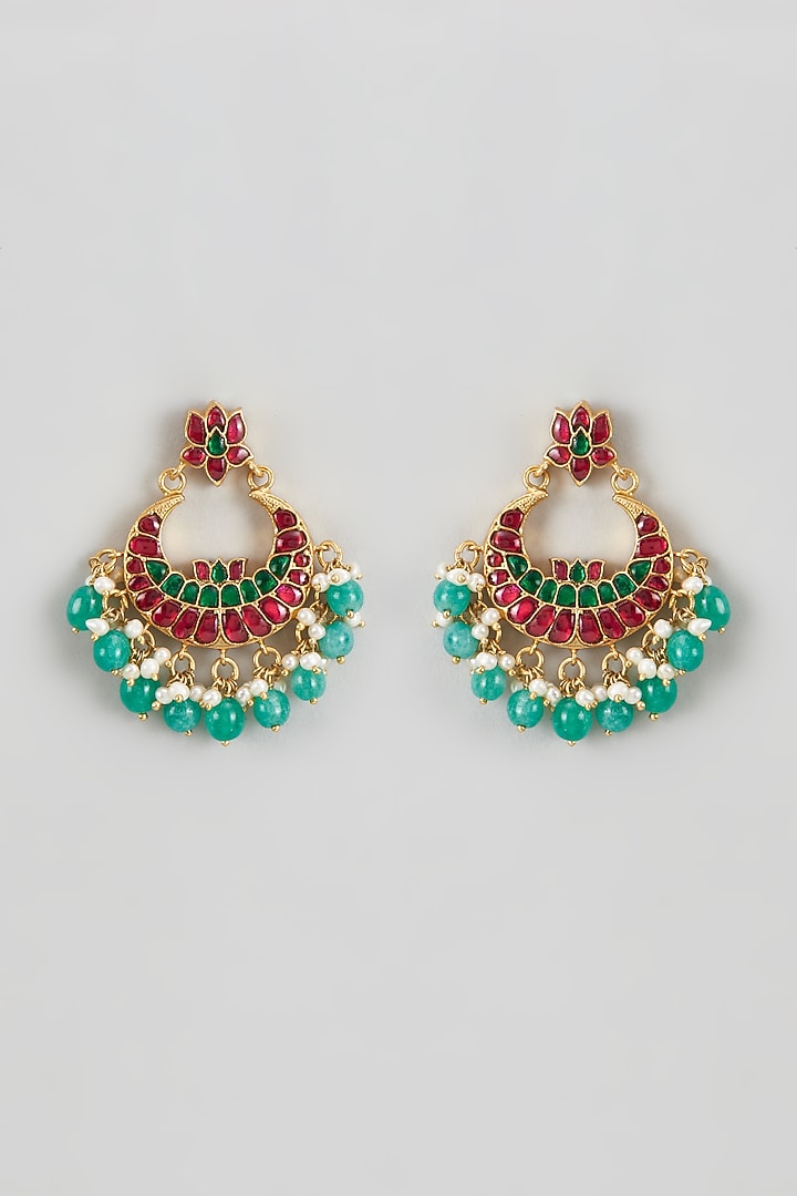 Gold Plated Red Kundan Polki & Pearl Chandbali Earrings In Sterling Silver by KARISA DESIGNS at Pernia's Pop Up Shop