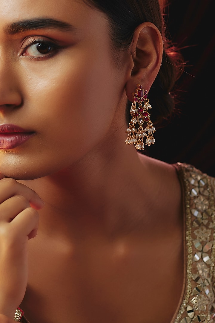 Gold Plated Red Kundan Polki & Pearl Dangler Earrings In Sterling Silver by KARISA DESIGNS at Pernia's Pop Up Shop