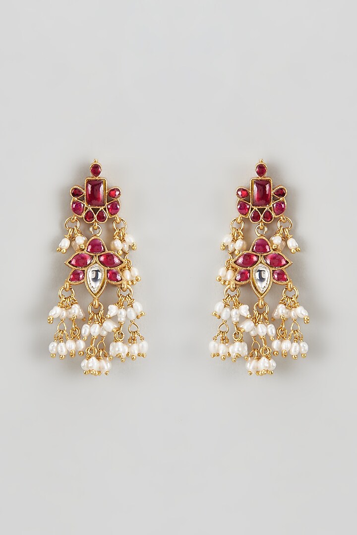 Gold Plated Red Kundan Polki & Pearl Dangler Earrings In Sterling Silver by KARISA DESIGNS at Pernia's Pop Up Shop