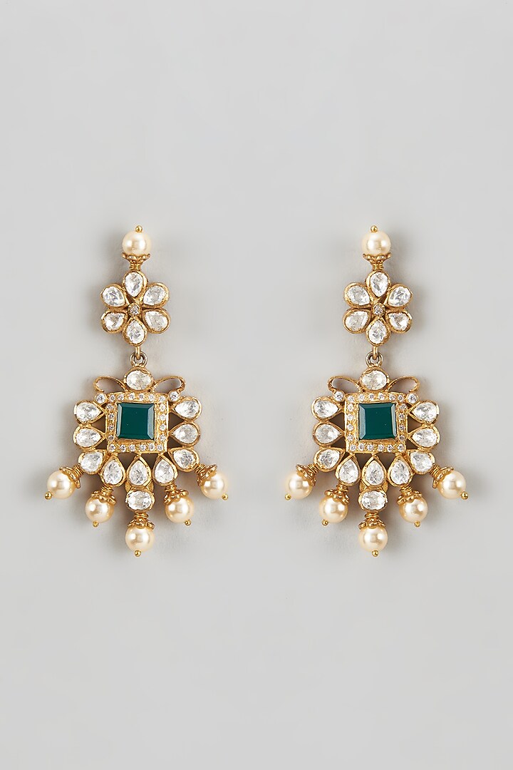 Gold Plated Moissanite & Pearl Dangler Earrings In Sterling Silver by KARISA DESIGNS at Pernia's Pop Up Shop