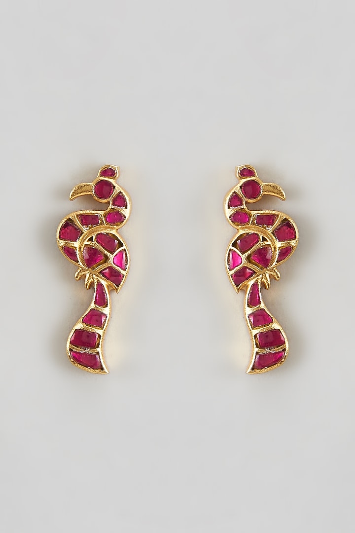Gold Plated Red Kundan Polki Pakshi Stud Earrings In Sterling Silver by KARISA DESIGNS at Pernia's Pop Up Shop