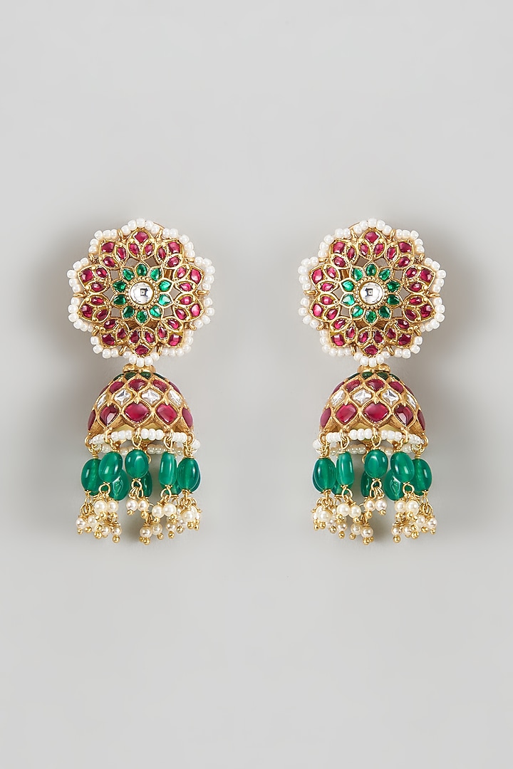 Gold Plated Red Kundan Polki & Pearl Jhumka Earrings In Sterling Silver by KARISA DESIGNS at Pernia's Pop Up Shop