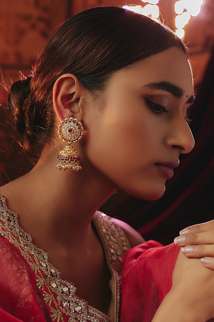 Gold Plated Kundan Polki & Pearl Temple Jhumka Earrings In Sterling Silver by KARISA DESIGNS at Pernia's Pop Up Shop