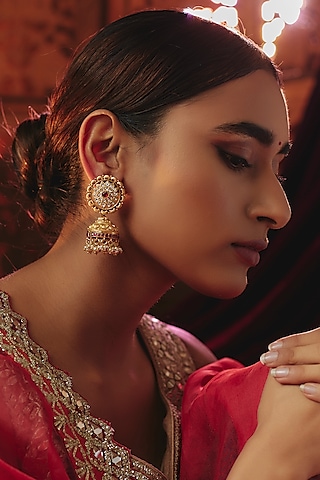 Gold Plated Kundan Polki & Pearl Temple Jhumka Earrings In Sterling Silver by KARISA DESIGNS