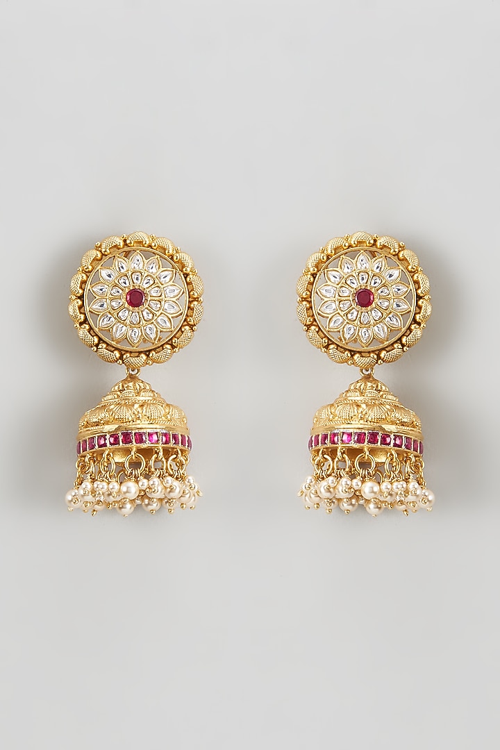 Gold Plated Kundan Polki & Pearl Temple Jhumka Earrings In Sterling Silver by KARISA DESIGNS at Pernia's Pop Up Shop