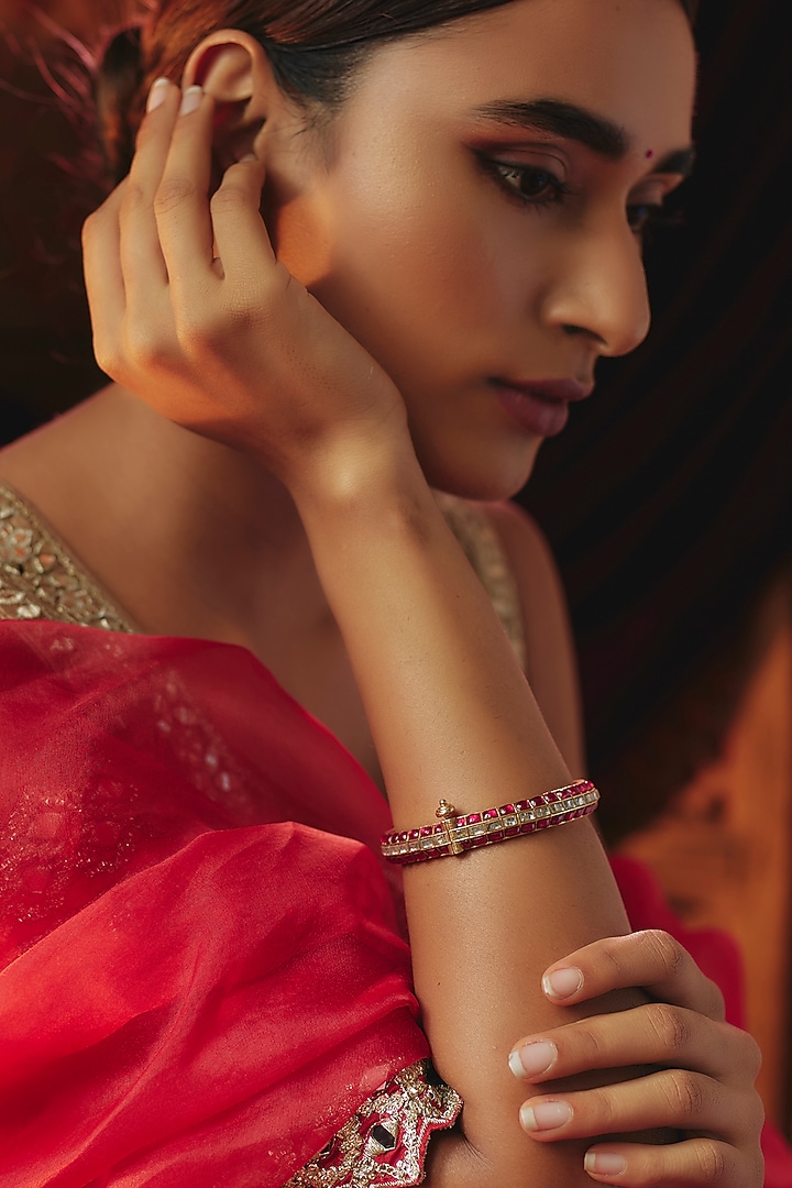 Gold Plated Red Kundan Polki Bangle In Sterling Silver by KARISA DESIGNS at Pernia's Pop Up Shop