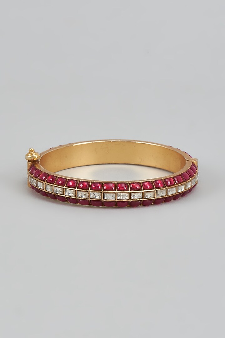 Gold Plated Red Kundan Polki Bangle In Sterling Silver by KARISA DESIGNS at Pernia's Pop Up Shop
