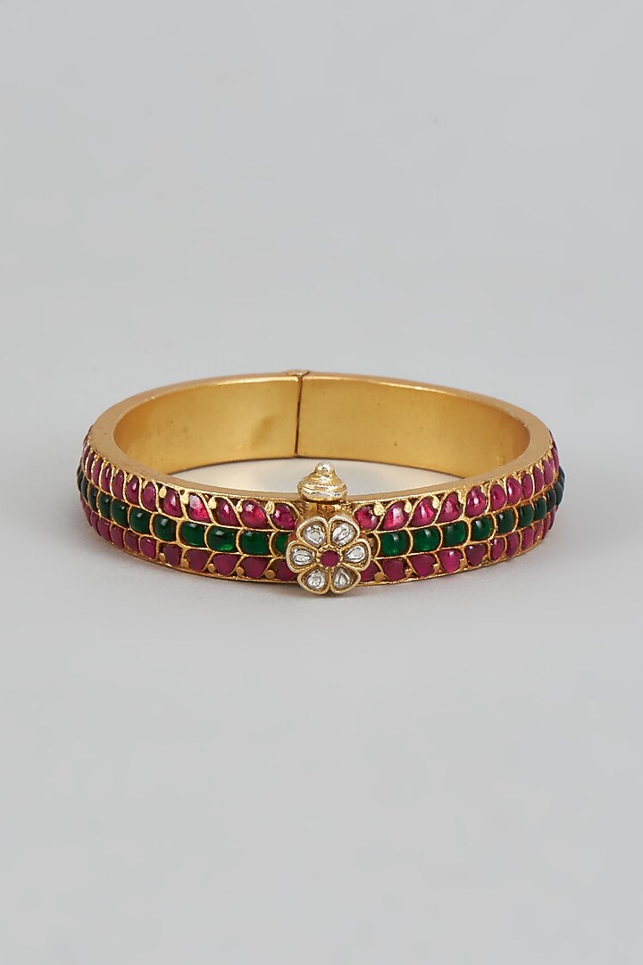 Gold Plated Red Kundan Polki Bangle In Sterling Silver by KARISA DESIGNS at Pernia's Pop Up Shop