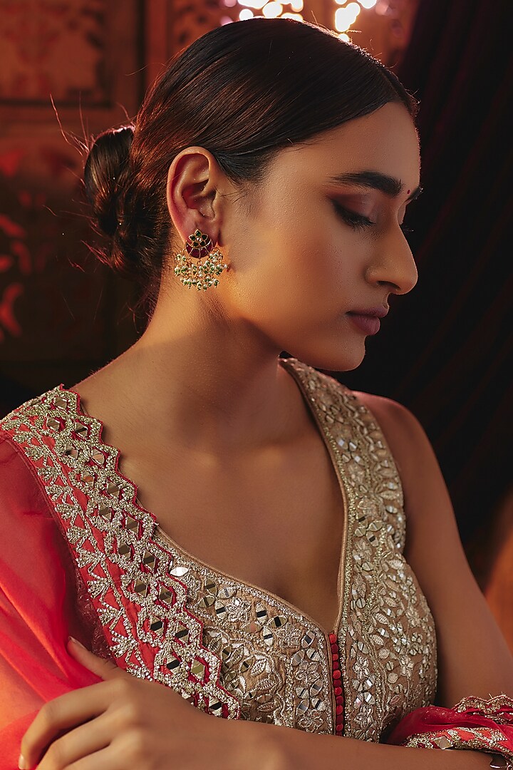 Gold Plated Red Kundan Polki Dangler Earrings In Sterling Silver by KARISA DESIGNS at Pernia's Pop Up Shop