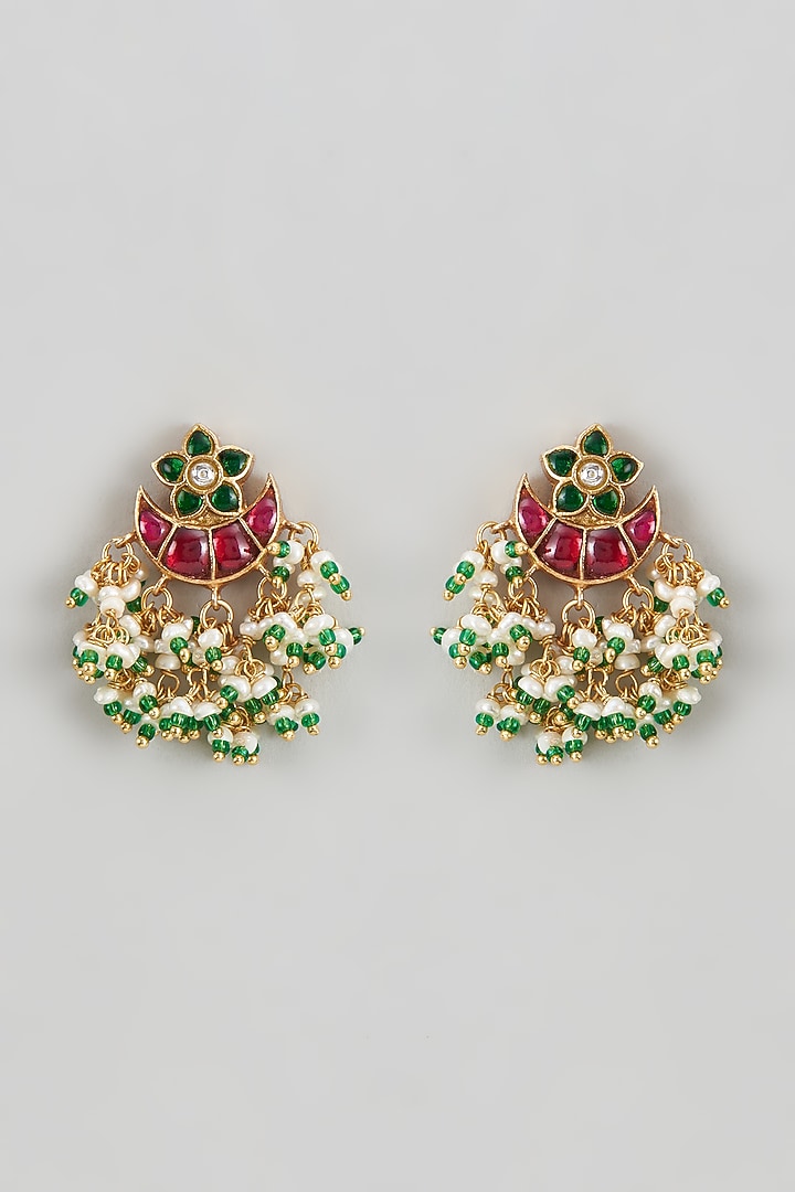 Gold Plated Red Kundan Polki Dangler Earrings In Sterling Silver by KARISA DESIGNS at Pernia's Pop Up Shop