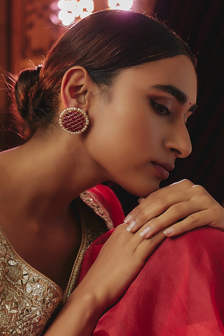 Gold Plated Red Kundan Polki & Pearl Stud Earrings In Sterling Silver by KARISA DESIGNS at Pernia's Pop Up Shop