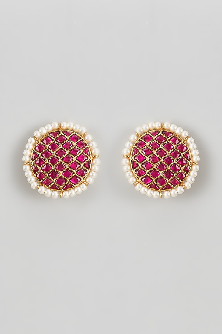 Gold Plated Red Kundan Polki & Pearl Stud Earrings In Sterling Silver by KARISA DESIGNS at Pernia's Pop Up Shop