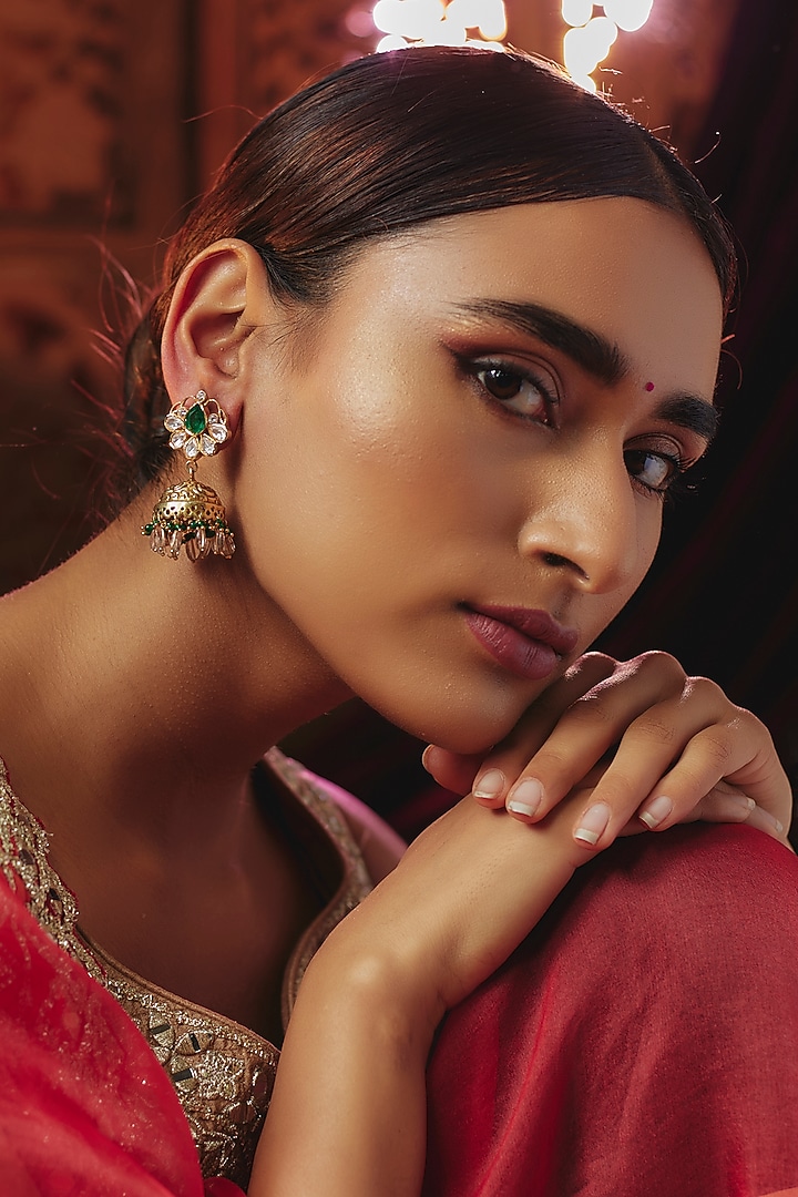 Gold Plated Moissanite & Beaded Jhumka Earrings In Sterling Silver by KARISA DESIGNS at Pernia's Pop Up Shop