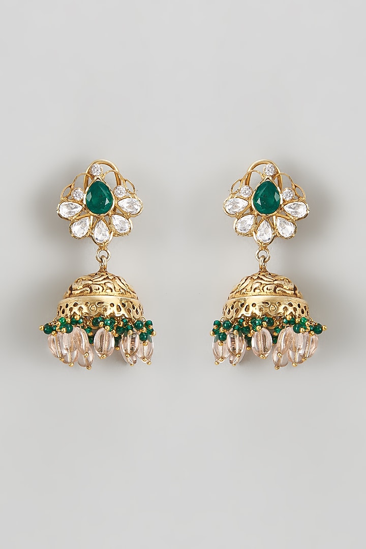 Gold Plated Moissanite & Beaded Jhumka Earrings In Sterling Silver by KARISA DESIGNS at Pernia's Pop Up Shop