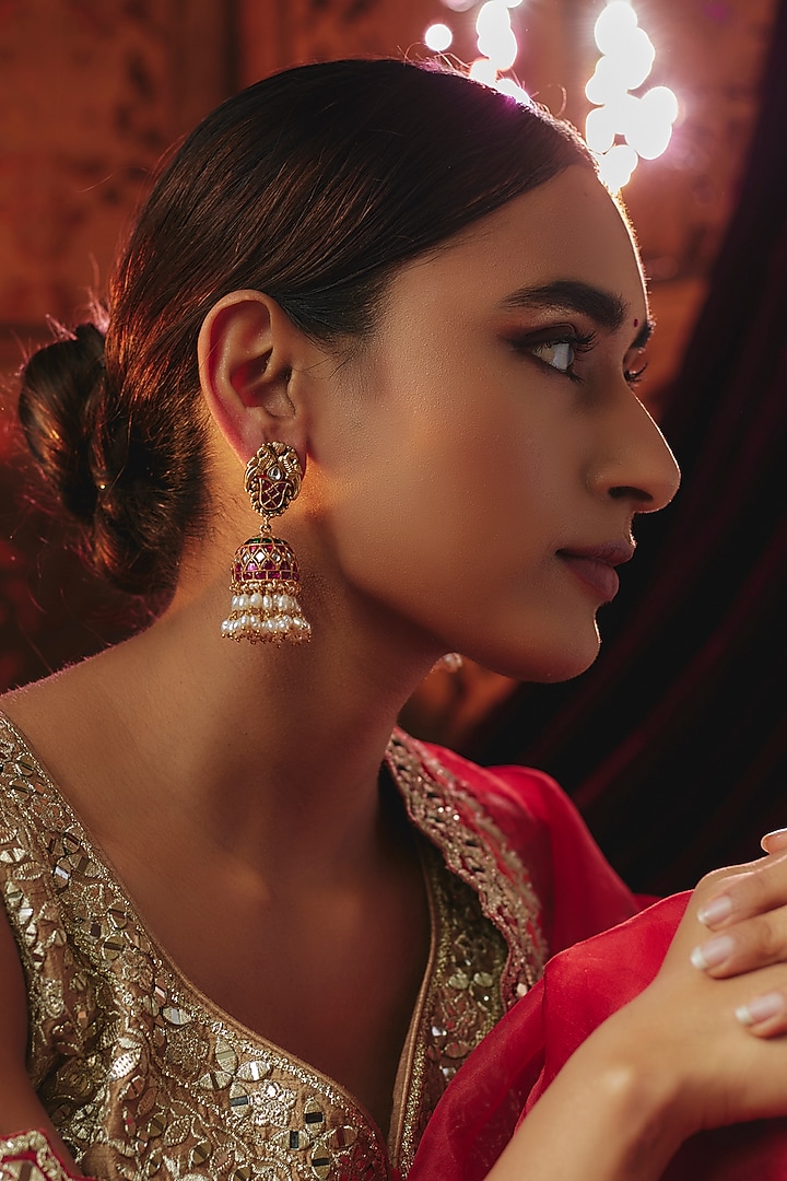 Gold Plated Red Kundan Polki & Pearl Jhumka Earrings In Sterling Silver by KARISA DESIGNS at Pernia's Pop Up Shop