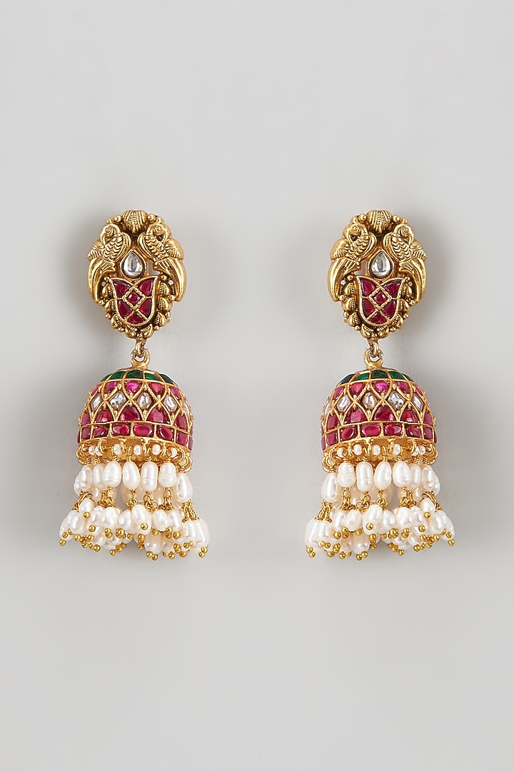 Gold Plated Red Kundan Polki & Pearl Jhumka Earrings In Sterling Silver by KARISA DESIGNS at Pernia's Pop Up Shop