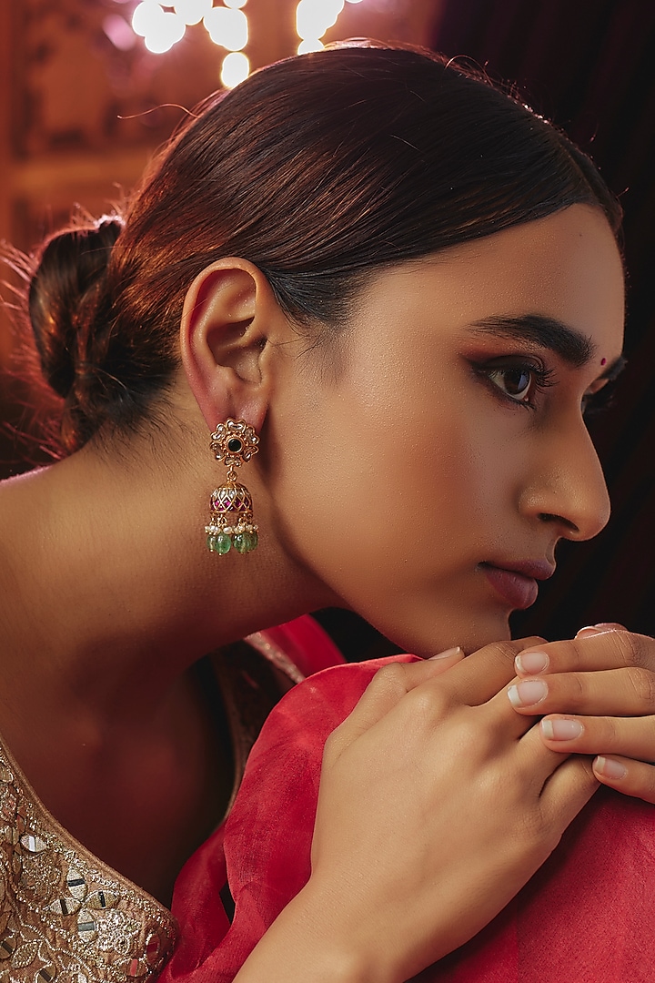 Gold Plated Kundan Polki & Pearl Jhumka Earrings In Sterling Silver by KARISA DESIGNS at Pernia's Pop Up Shop