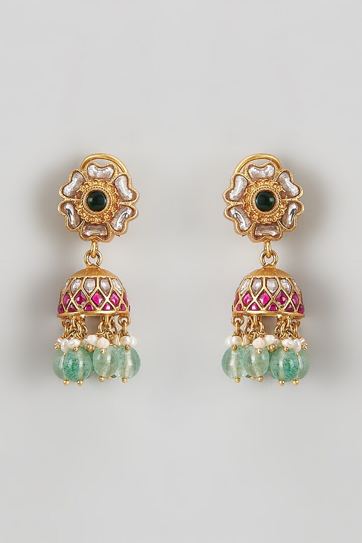 Gold Plated Kundan Polki & Pearl Jhumka Earrings In Sterling Silver by KARISA DESIGNS at Pernia's Pop Up Shop