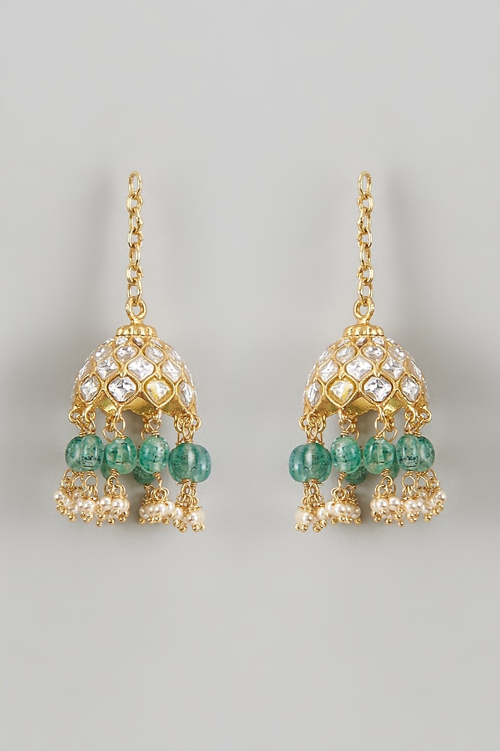 Gold Plated Kundan Polki & Pearl Jhumka Earrings In Sterling Silver by KARISA DESIGNS at Pernia's Pop Up Shop