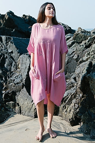 Pink Hand Embroidered Asymmetrical Kaftan by Karuna Khaitan
