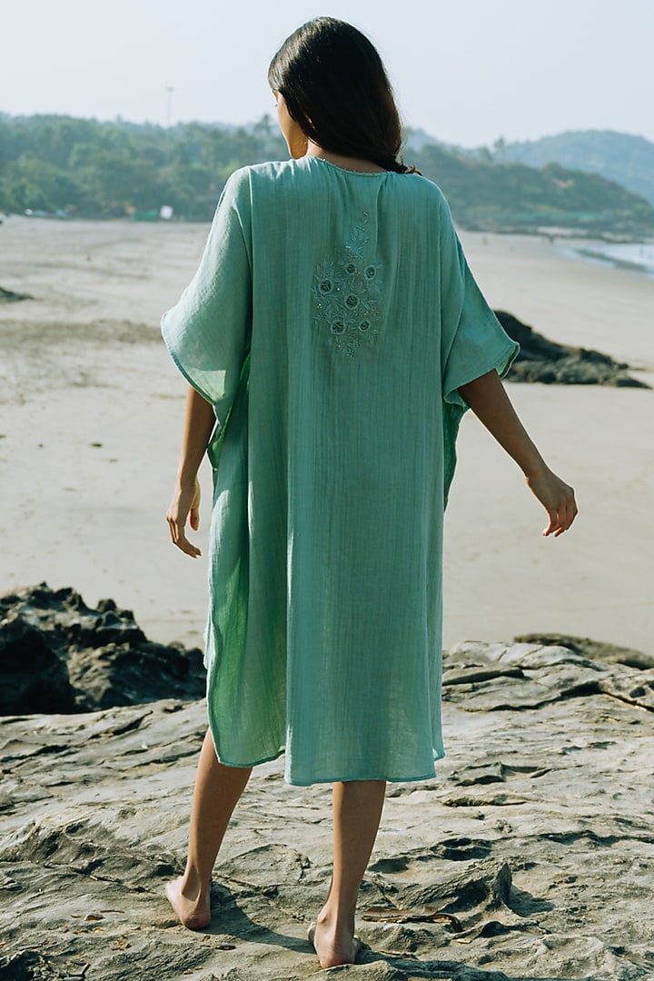 Green Hand Embroidered Asymmetrical Kaftan by Karuna Khaitan at Pernia's Pop Up Shop