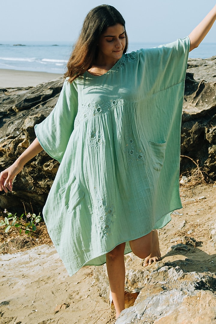 Green Hand Embroidered Asymmetrical Kaftan by Karuna Khaitan at Pernia's Pop Up Shop