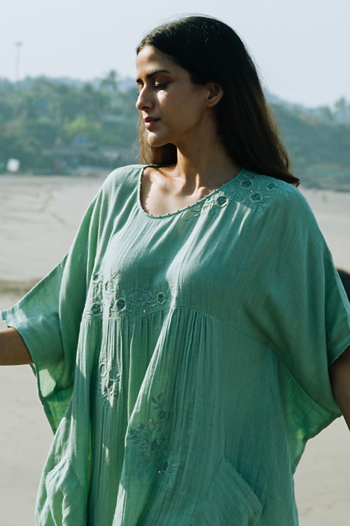 Green Hand Embroidered Asymmetrical Kaftan by Karuna Khaitan at Pernia's Pop Up Shop