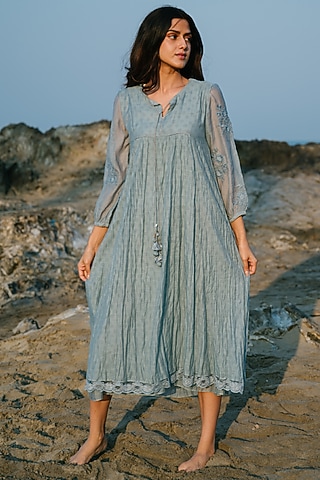 Blue Hand Embroidered Dress by Karuna Khaitan