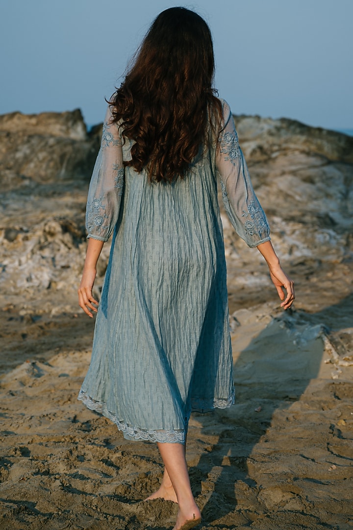 Blue Hand Embroidered Summer Dress by Karuna Khaitan at Pernia's Pop Up Shop
