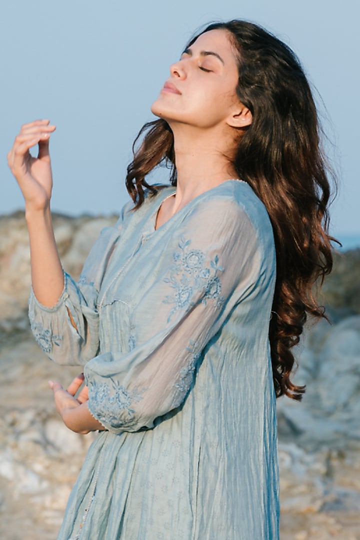 Blue Hand Embroidered Summer Dress by Karuna Khaitan at Pernia's Pop Up Shop