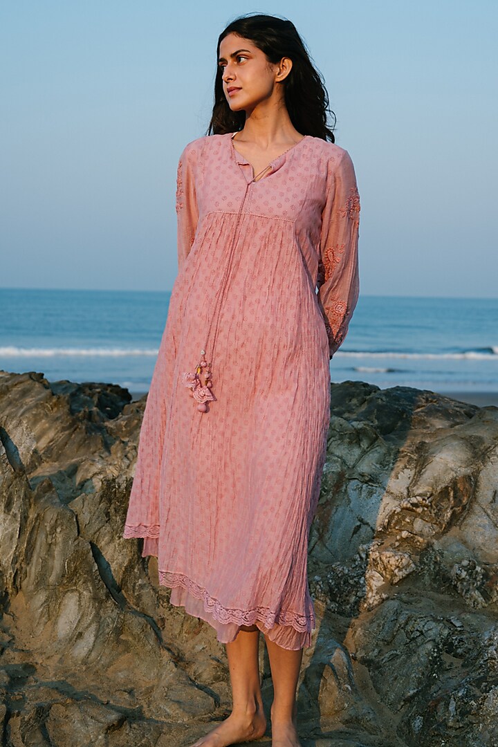 Pink Hand Embroidered Dress by Karuna Khaitan