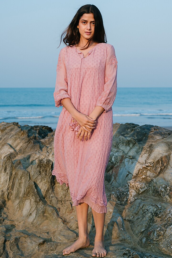 Pink Hand Embroidered Summer Dress by Karuna Khaitan at Pernia's Pop Up Shop