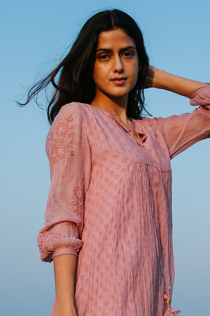 Pink Hand Embroidered Summer Dress by Karuna Khaitan at Pernia's Pop Up Shop