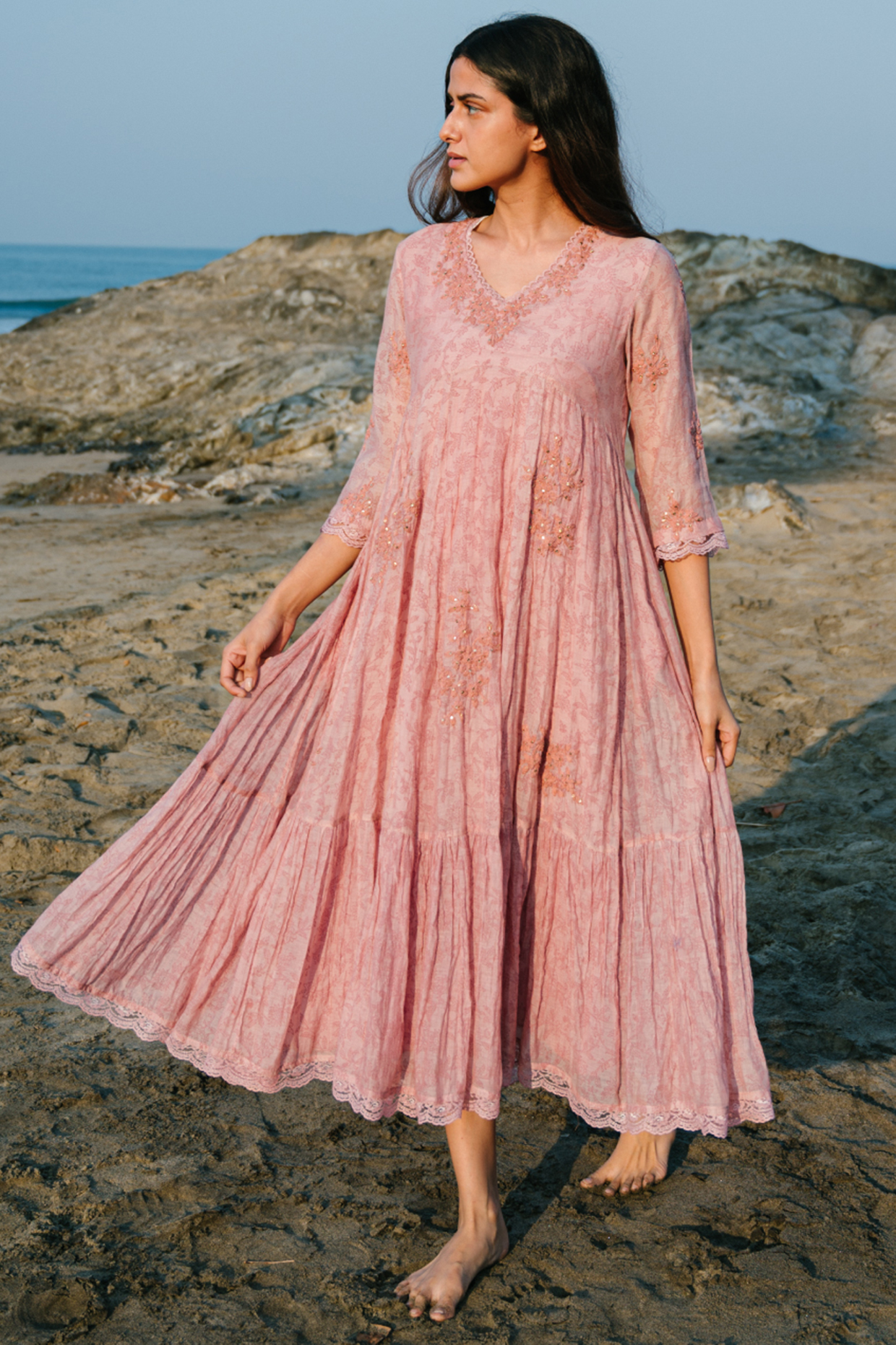 Pink Hand Embroidered Tiered Long Vacation Dress by Karuna Khaitan at Pernia's Pop Up Shop