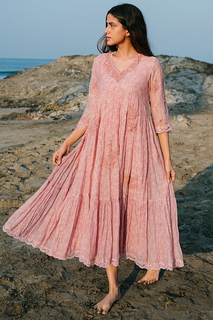 Pink Hand Embroidered Tiered Long Dress by Karuna Khaitan