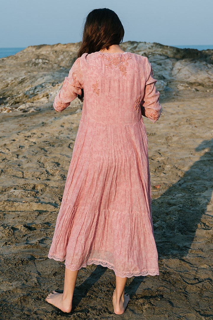 Pink Hand Embroidered Tiered Long Vacation Dress by Karuna Khaitan at Pernia's Pop Up Shop