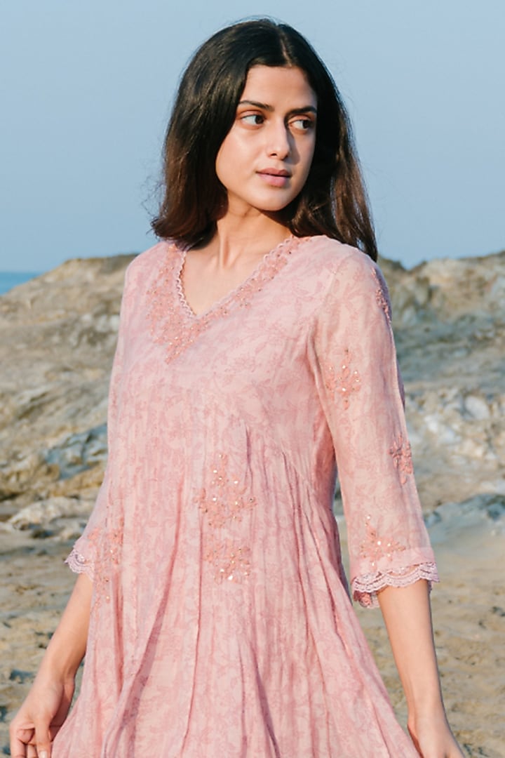 Pink Hand Embroidered Tiered Long Vacation Dress by Karuna Khaitan at Pernia's Pop Up Shop
