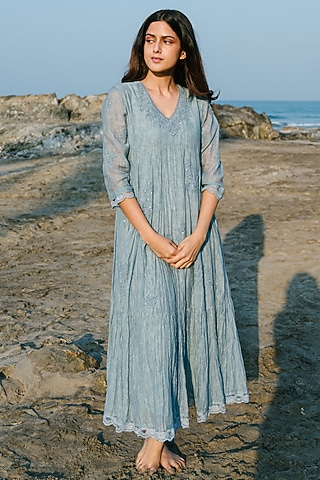 Blue Hand Embroidered Tiered Long Dress by Karuna Khaitan