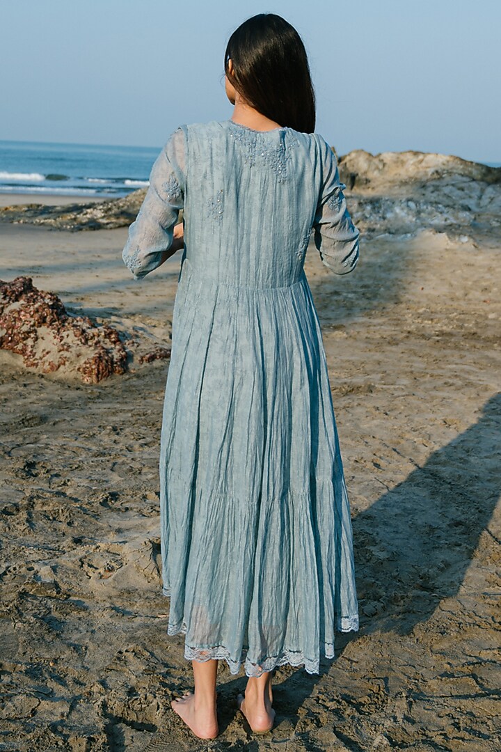 Blue Hand Embroidered Tiered Long Vacation Dress by Karuna Khaitan at Pernia's Pop Up Shop