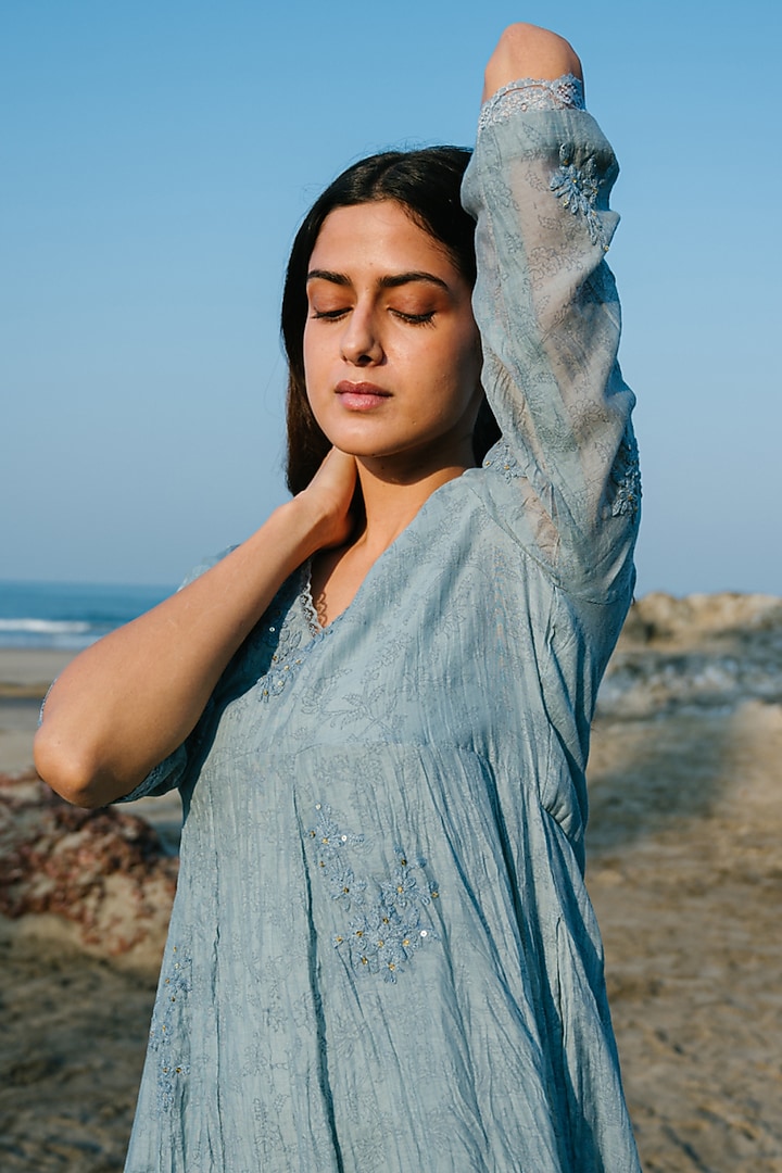Blue Hand Embroidered Tiered Long Vacation Dress by Karuna Khaitan at Pernia's Pop Up Shop