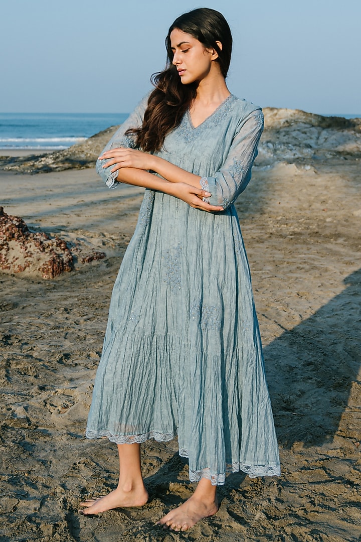 Blue Hand Embroidered Tiered Long Vacation Dress by Karuna Khaitan at Pernia's Pop Up Shop