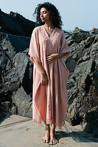 Peach Hand Embroidered Kaftan by Karuna Khaitan